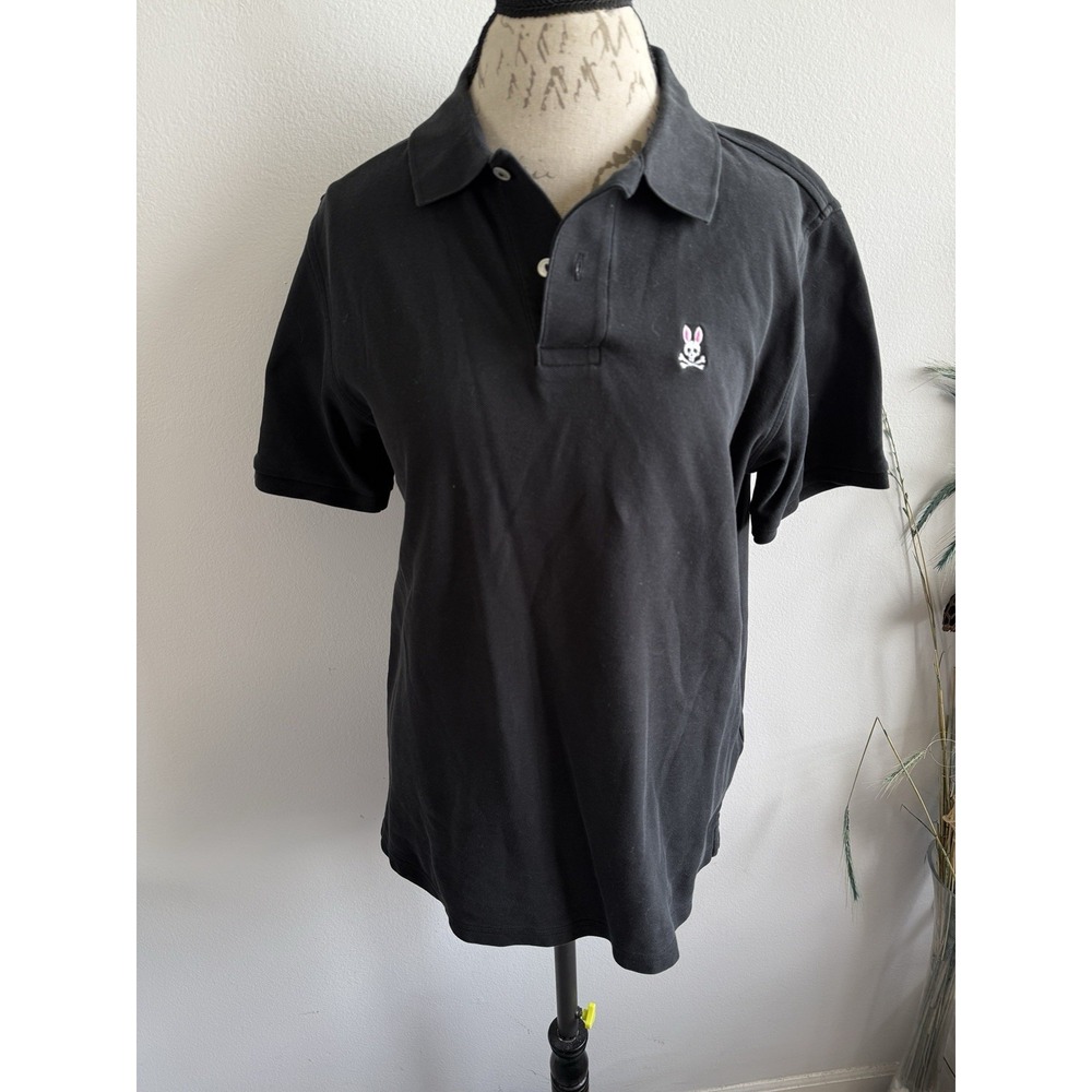 Psycho Bunny Men's Classic Polo Shirt Textured Jacquard Black Pima Cotton Size 6